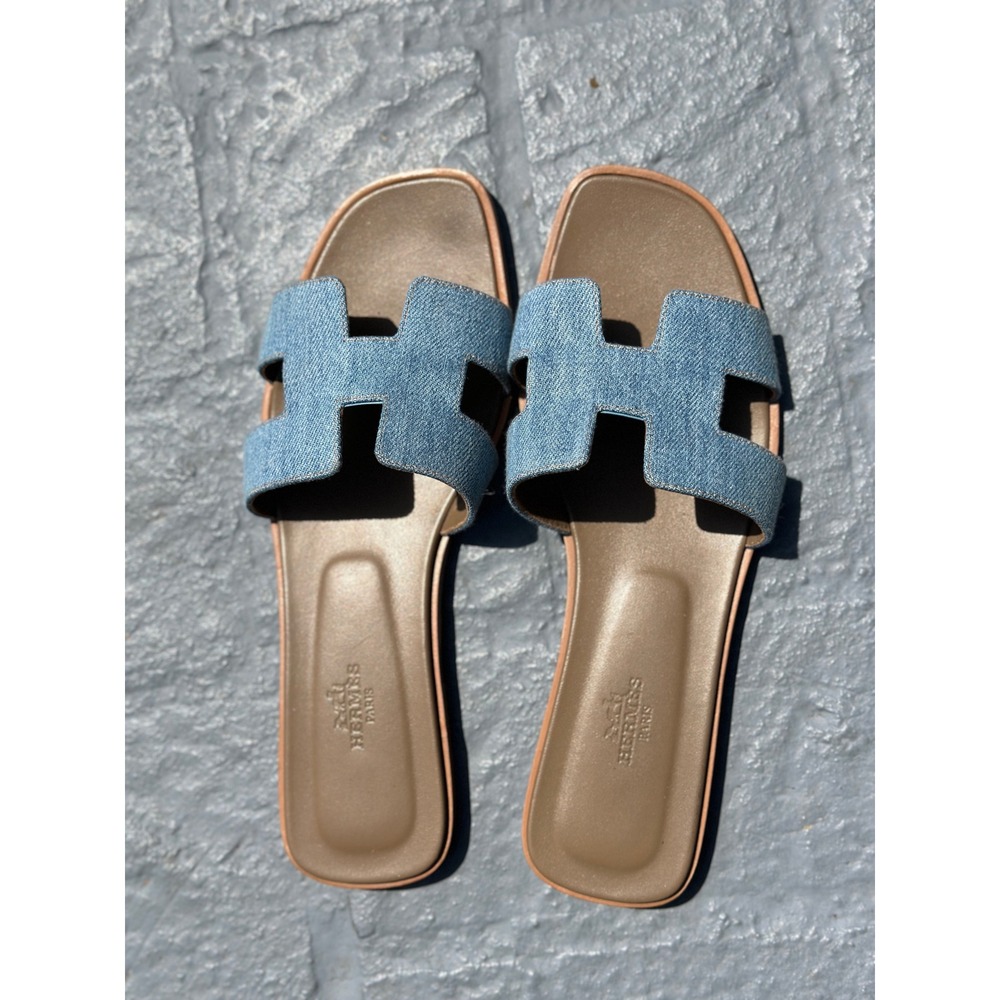 Hermes Oran Denim Sandals Blue denim Slides Size 39 Flat Shoes - Picture 2 of 11